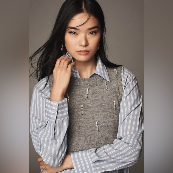 NWT! Anthropologie Maeve Embellished Crop Vest & Buttondown Twofer Top - 🐬🧢 - Picture 4 of 7